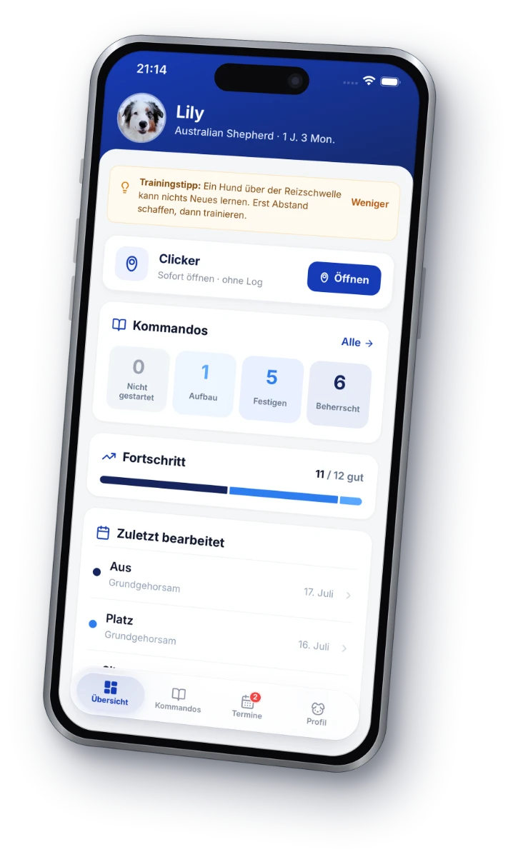 DogPass overview: training tip, clicker, command levels and progress
