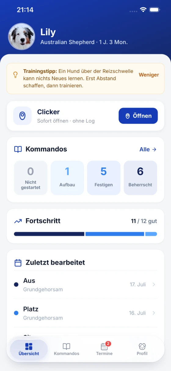 DogPass overview: dog profile, clicker, commands and progress
