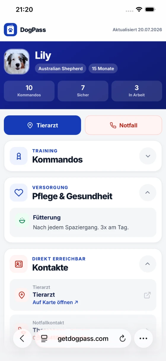 Shared dog profile opened in a mobile browser, no app needed