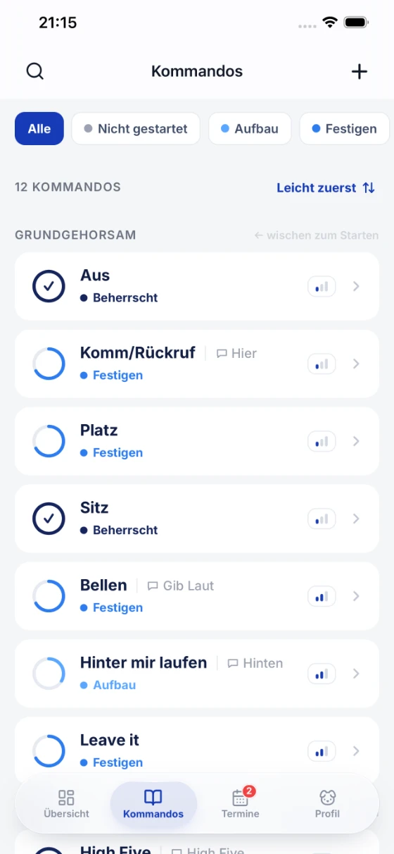 Command list with training stages and filters