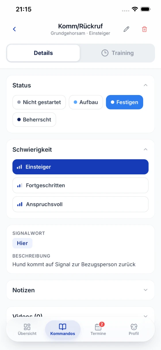 Command detail with status, difficulty and signal word