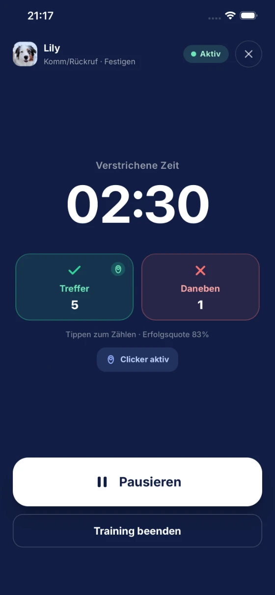 Live training session with timer, hits and active clicker