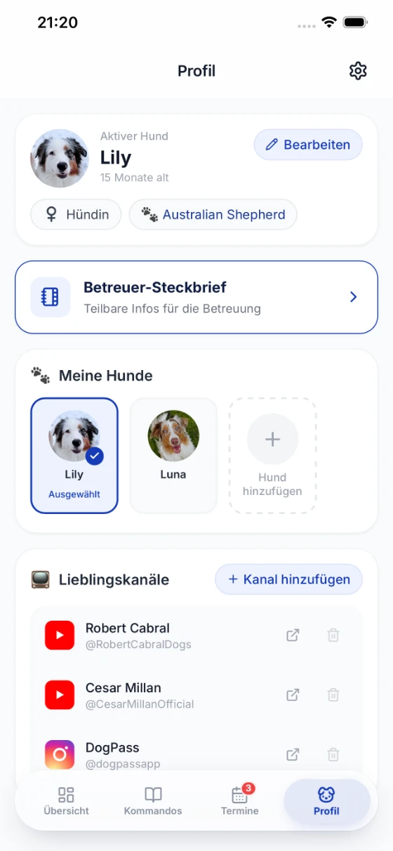 Profile with multiple dogs, sitter profile and favourite channels
