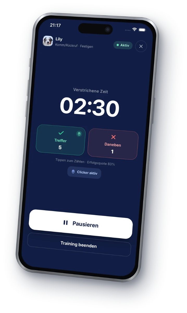 DogPass training session: timer, hits and misses, clicker active