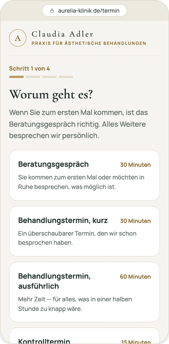 Step 1 of 4: choosing what the appointment is about, with durations named