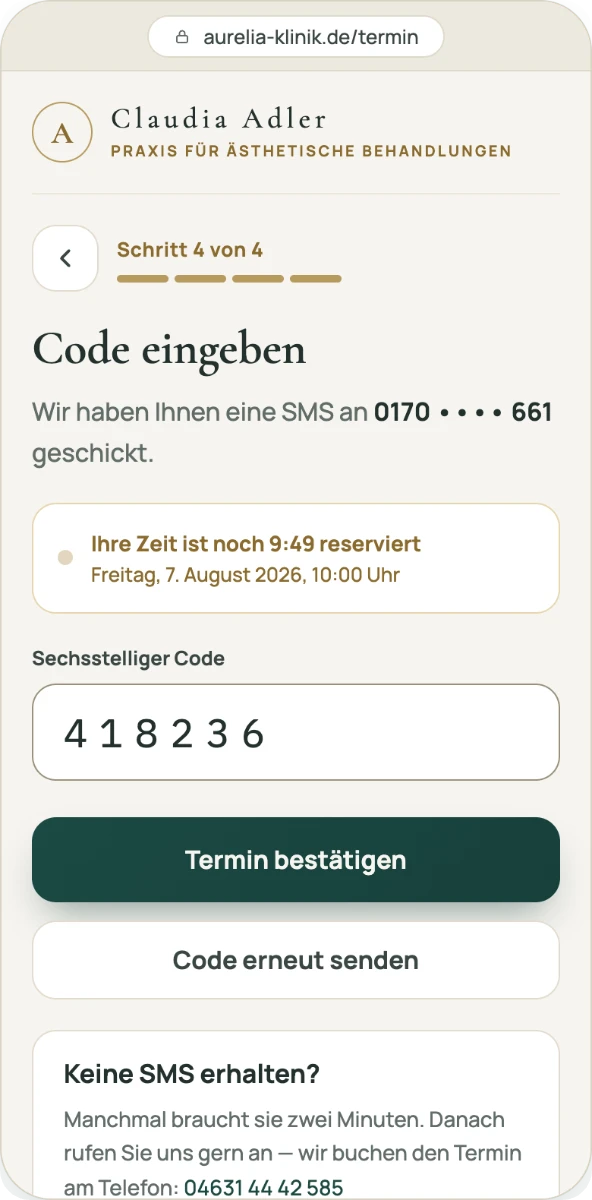 Step 3 of 4: confirming by SMS code, the slot held for ten minutes