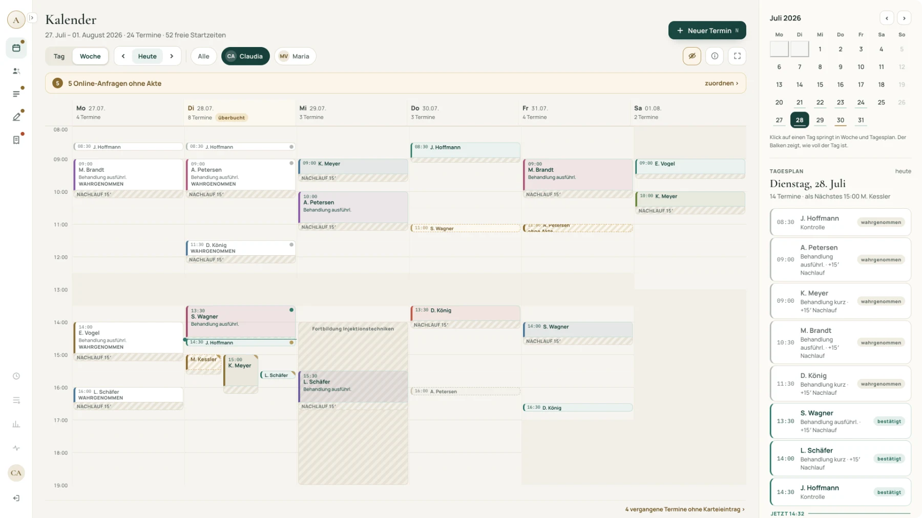 Celisara calendar: week view, treatment type as the colour on each block