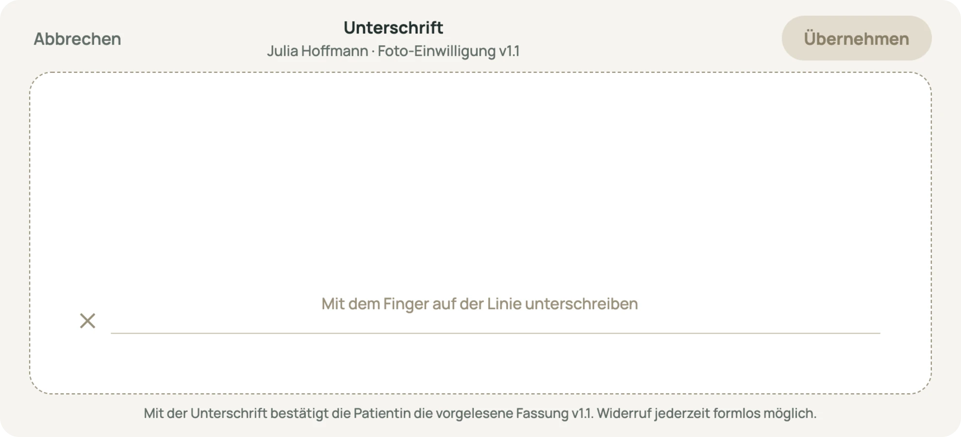 Signature screen, rotated to the patient, naming the consent version being signed