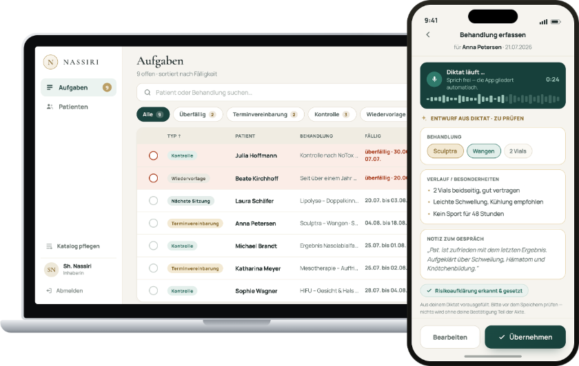 Praxis App: task list on a MacBook and a dictated treatment entry on an iPhone